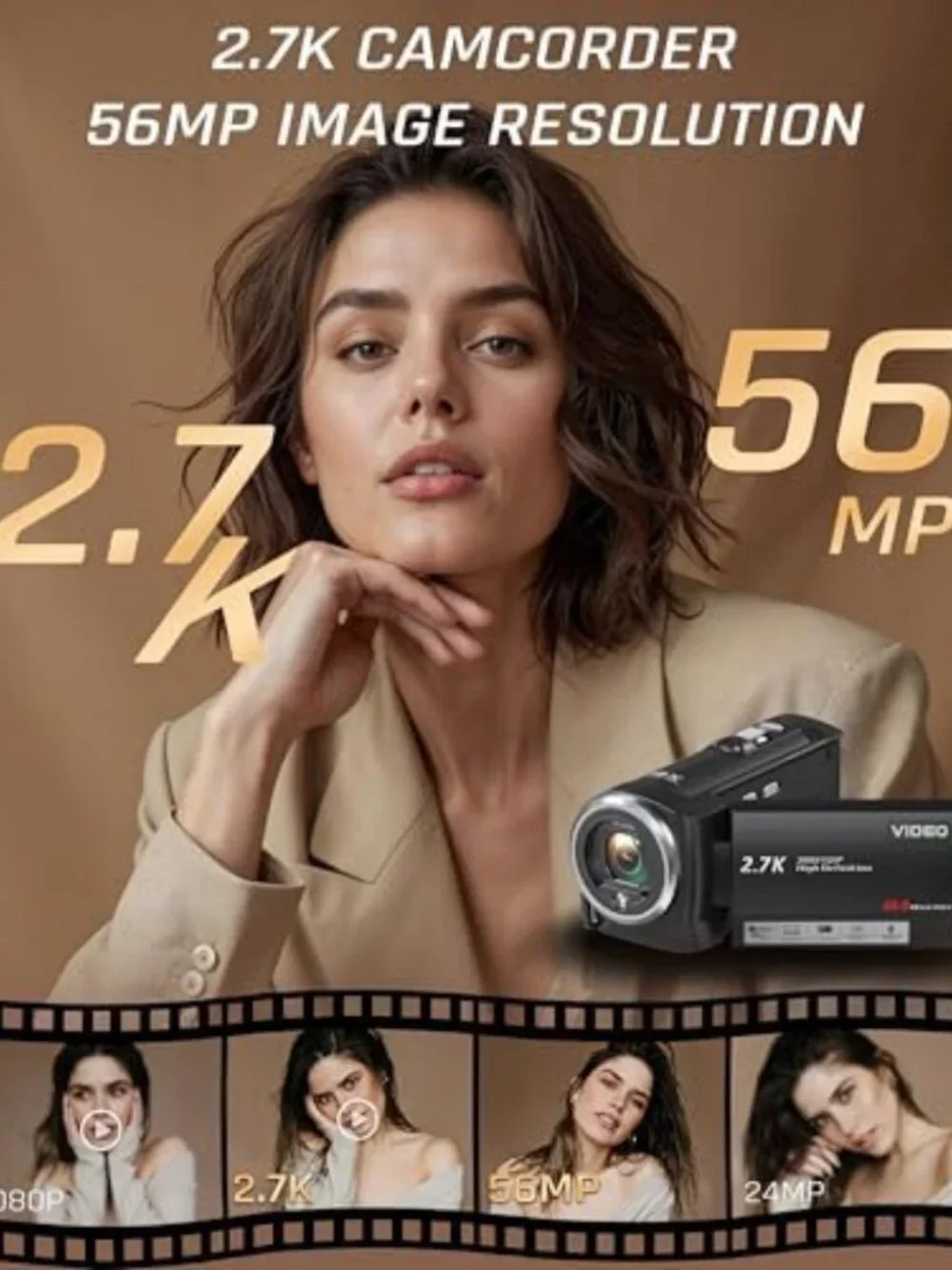 QHD 2.7K Camcorder with 56MP, 16X Zoom - Perfect for Vlogging & Streaming